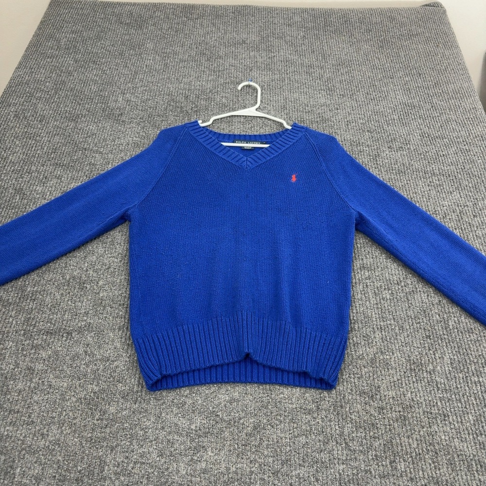 Ralph Lauren Sweater Womens XL Blue Cotton V-Neck Pullover Preppy Classic